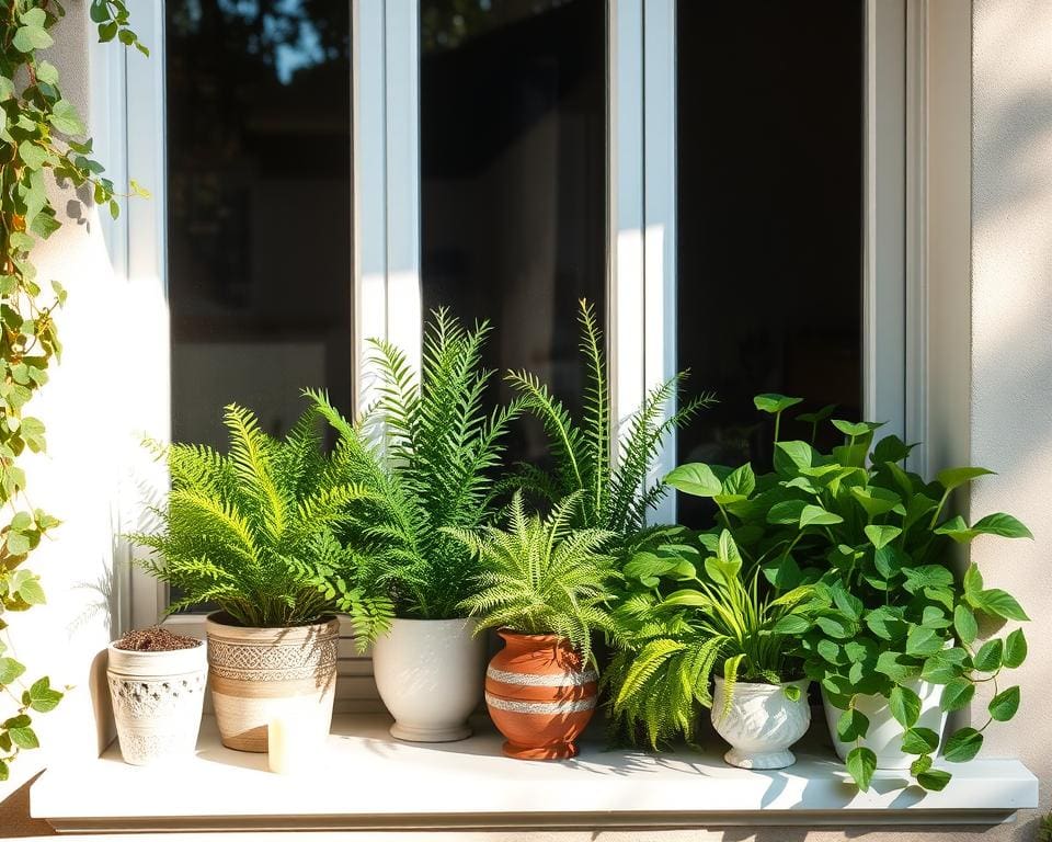 Fensterbankdekoration mit Pflanzen und Licht arrangieren