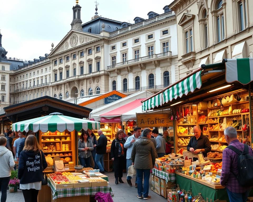 Wien Markt Szene mit kulinarischen Köstlichkeiten und kreativem Handwerk