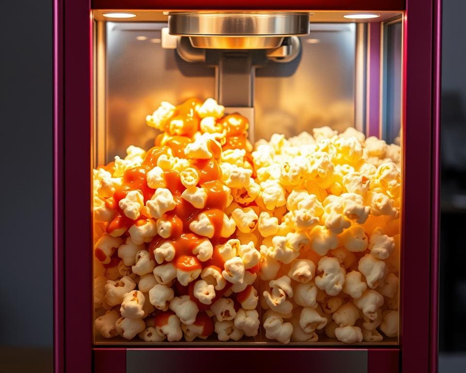 Süßes Popcorn und salziges Popcorn in einer elektrischen Popcornmaschine